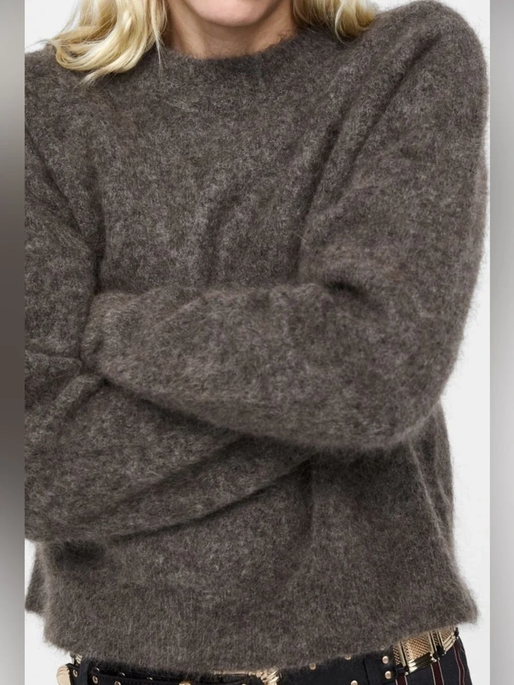 Zara Textured Wool Alpaca Blend Crew Neck Sweater Dark Brown XL Extra Large
